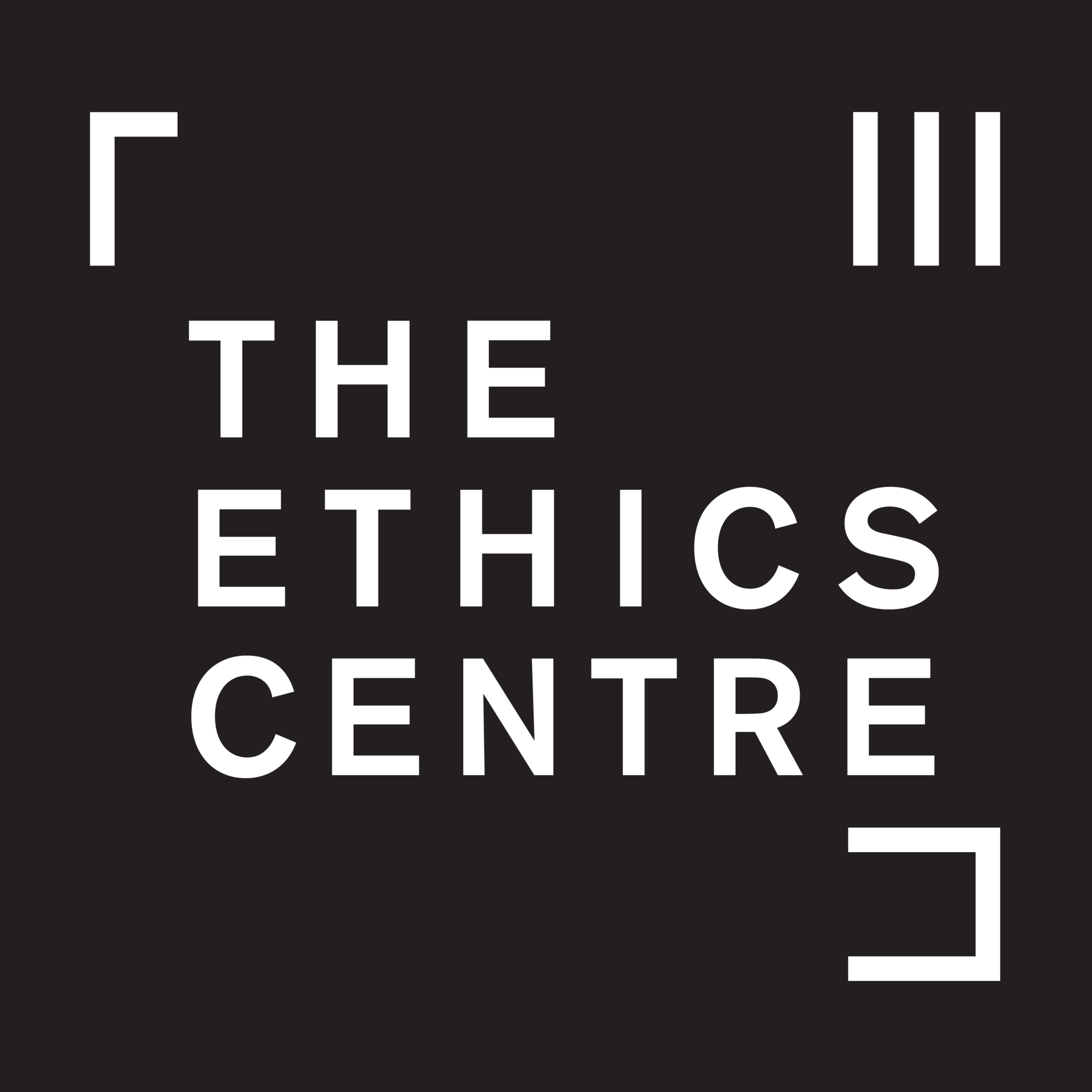 The Ethics Centre logo. White text on black background with geometric shapes. Media includes The Ethics Centre branding.