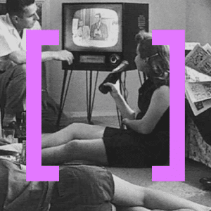 Vintage media: People watch TV, circa 1950s. A woman holds a TV remote. Newspapers are scattered nearby. A man is seated to the left. Retro style.