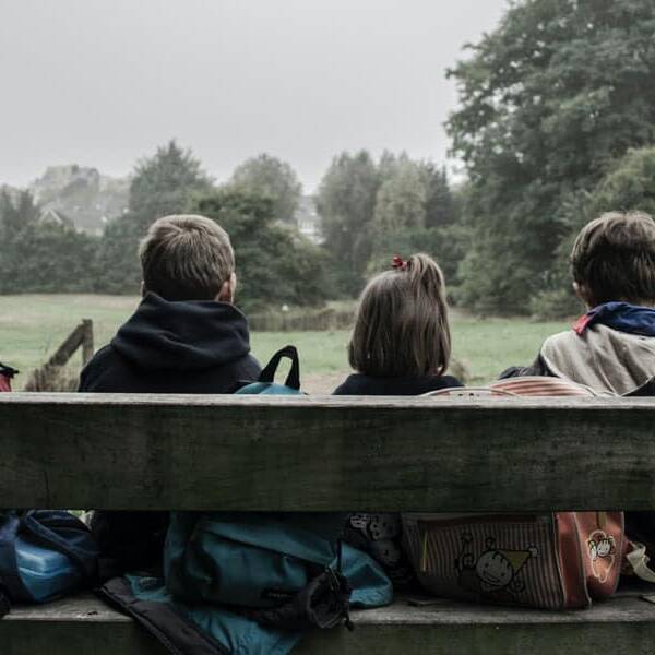 The rights of children: Kids on a bench, seen from behind, with backpacks, looking at a green field and trees on a cloudy day.