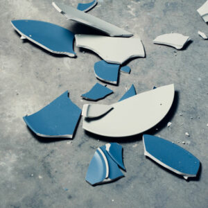 Broken blue & white plate on concrete. Represents righteous indignation, tyranny, anger, & destruction. Metaphor for shattered emotions.