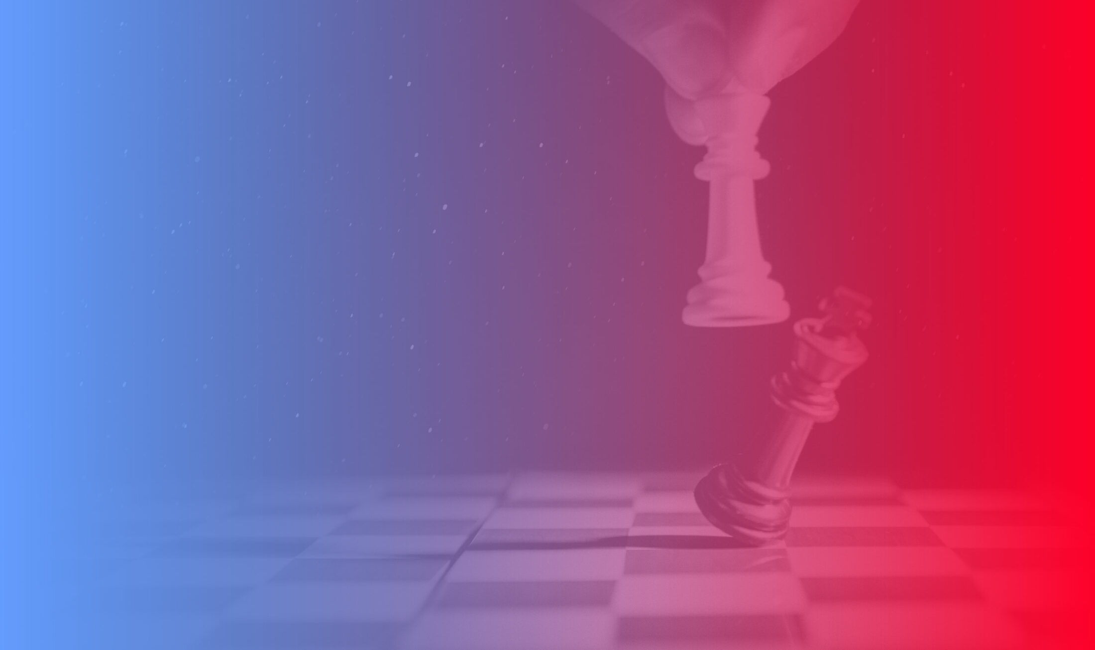 Checkmate chess concept. Hand moving white chess piece to defeat black king on chessboard with blue and red background. Strategy game.