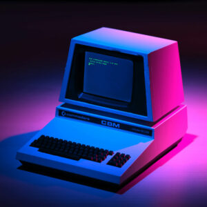 Vintage Commodore CBM 8032 computer, relevant to the Chinese room thought experiment, illuminated with blue and pink neon lights.