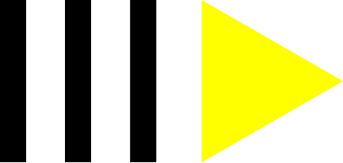 Abstract geometric design featuring black vertical stripes, a gray background, and a prominent yellow triangle pointing right.