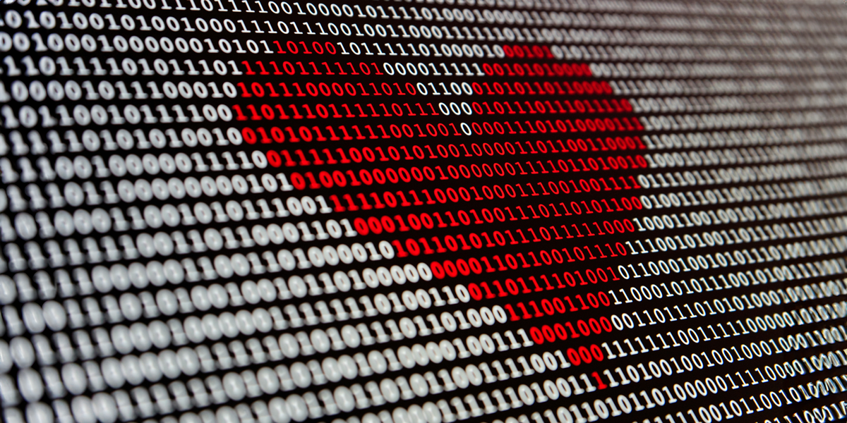 Binary code with a red heart shape. The good guy isn't the same as the kind person. Zeros and ones form a love symbol, digital kindness.