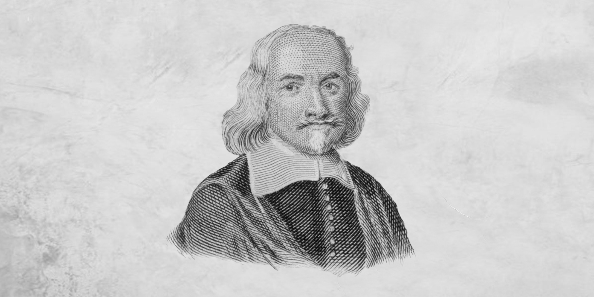 Engraved portrait of Thomas Hobbes, a big thinker, with long hair, a mustache, and a goatee, wearing a dark robe with a white collar.