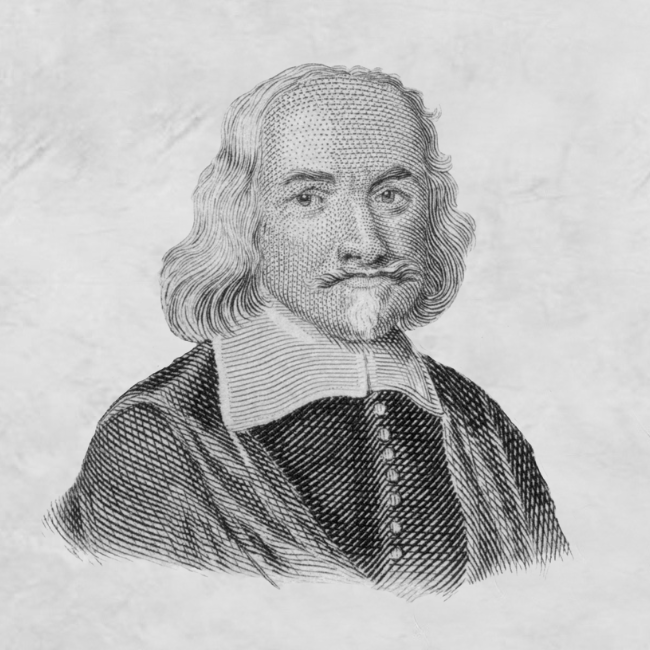 Engraving of Thomas Hobbes, English philosopher, in formal attire with white collar and wavy hair, set against a textured background.