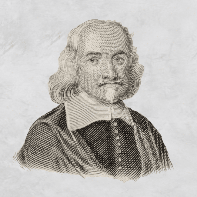 Engraving of Thomas Hobbes, a Big Thinker, with shoulder-length wavy hair, a pointed beard, and wearing a buttoned jacket with a wide collar.