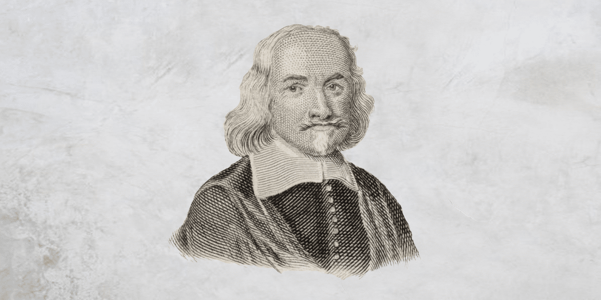 Engraving of Thomas Hobbes, the Big Thinker, with long hair, a small beard, and wearing a dark coat with a white collar.