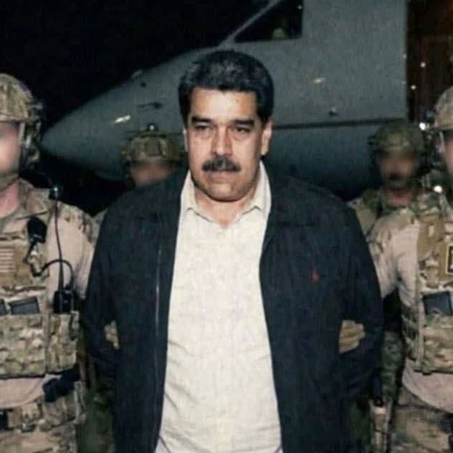 Nicolás Maduro flanked by armed soldiers, relating to Trump's foreign policy ethics. The Venezuelan leader is escorted near an aircraft.