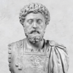 Marcus Aurelius bust: Marble sculpture of the Roman Emperor and Stoic philosopher. A detailed depiction of a bearded intellectual leader.