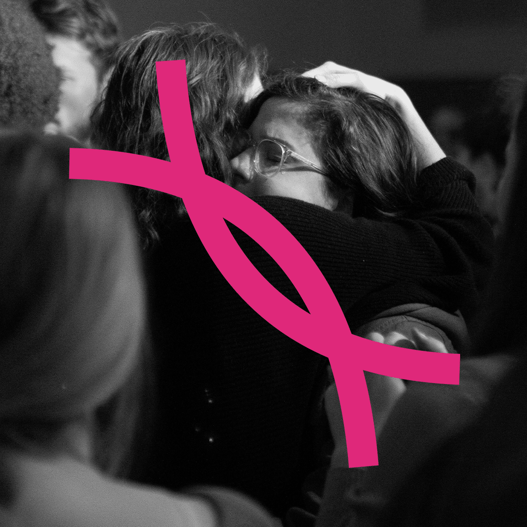 Monochrome image of people embracing with a pink symbol overlaid, representing the ethics of bans and the complexities of human connection.