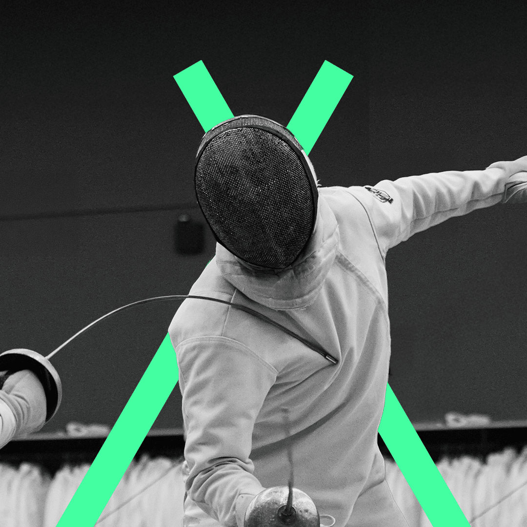 Fencer in action, mask on, foil extended. The ethics of bans in sports can be complex. Fencing requires strategy, discipline, & adherence to rules.