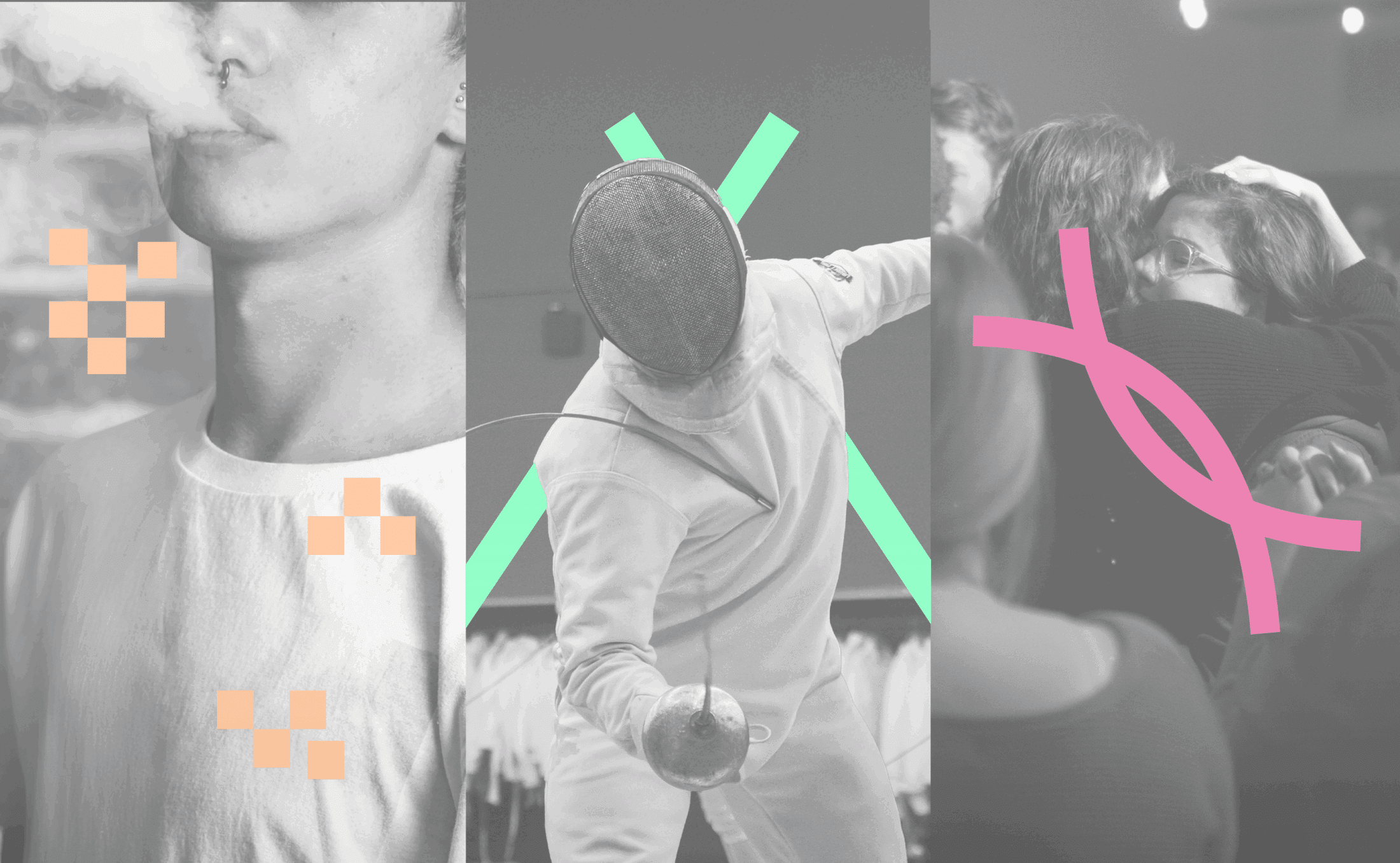 Triptych image of vaping person, fencer with epee, and people embracing, overlaid with geometric shapes in shades of green and pink.