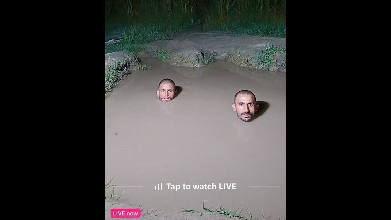 Two men's heads emerging from muddy water, seemingly floating; possibly a commentary on racial discrimination and social issues - unusual scene.