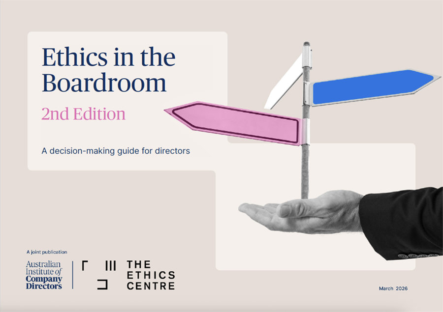 Ethics in the Boardroom 2nd Edition cover depicting directional signs on a hand, symbolizing ethical decision-making for directors.