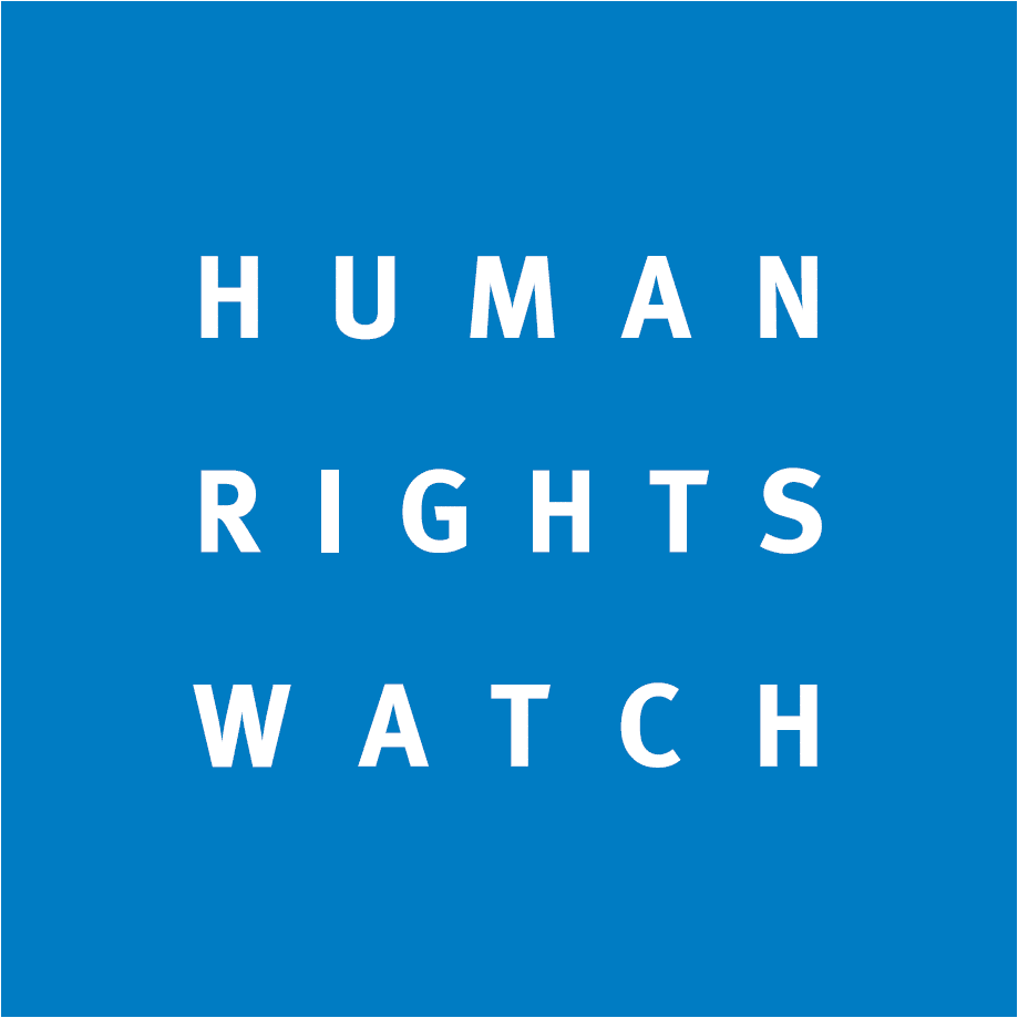 Human Rights Watch logo on blue background. Promoting human rights conversation on the attention economy of suffering.