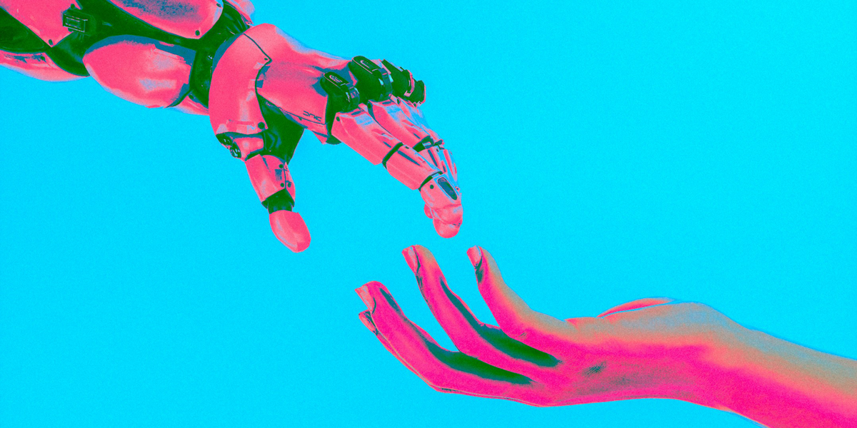 AI robot hand reaching towards a human hand, symbolizing the dangers of anthropomorphising AI and the machine without a ghost concept.