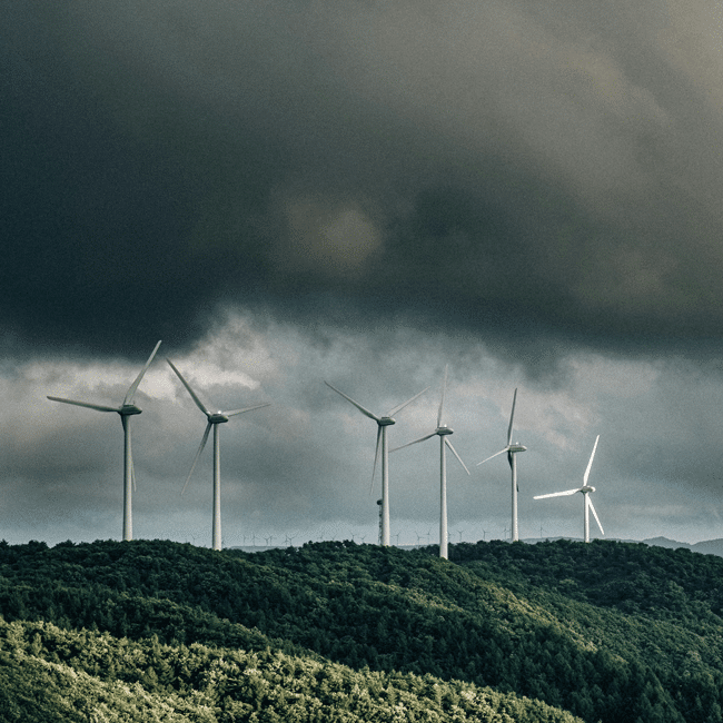 Wind turbines on a forested ridge against a stormy sky, symbolizing the 'AI risk' discussed, highlighting renewable energy and looming challenges.