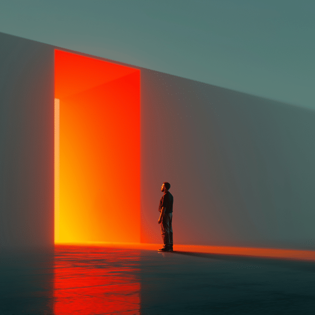 AI's unanswered question: Man gazes at a vibrant orange doorway, symbolizing choices AI can't make, in a minimalist, thought-provoking scene.