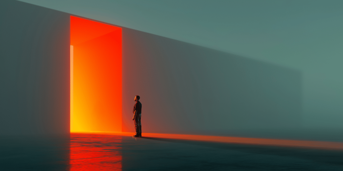 A man stands before a glowing orange doorway, contemplating the question AI can't answer, bathed in surreal light and shadow, creating mystery.