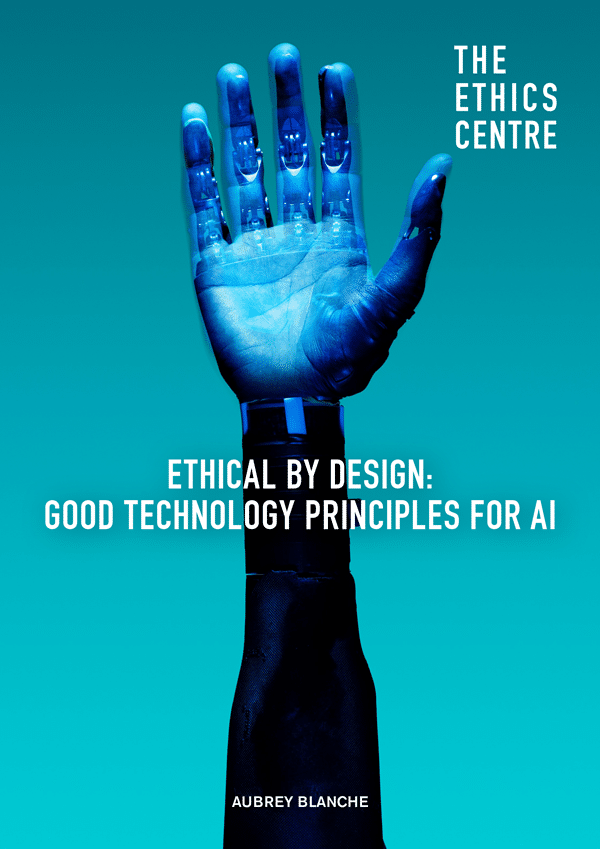 Ethical by Design: Good Technology Principles for AI book cover featuring a blue robotic hand against a teal background, AI ethics concept.
