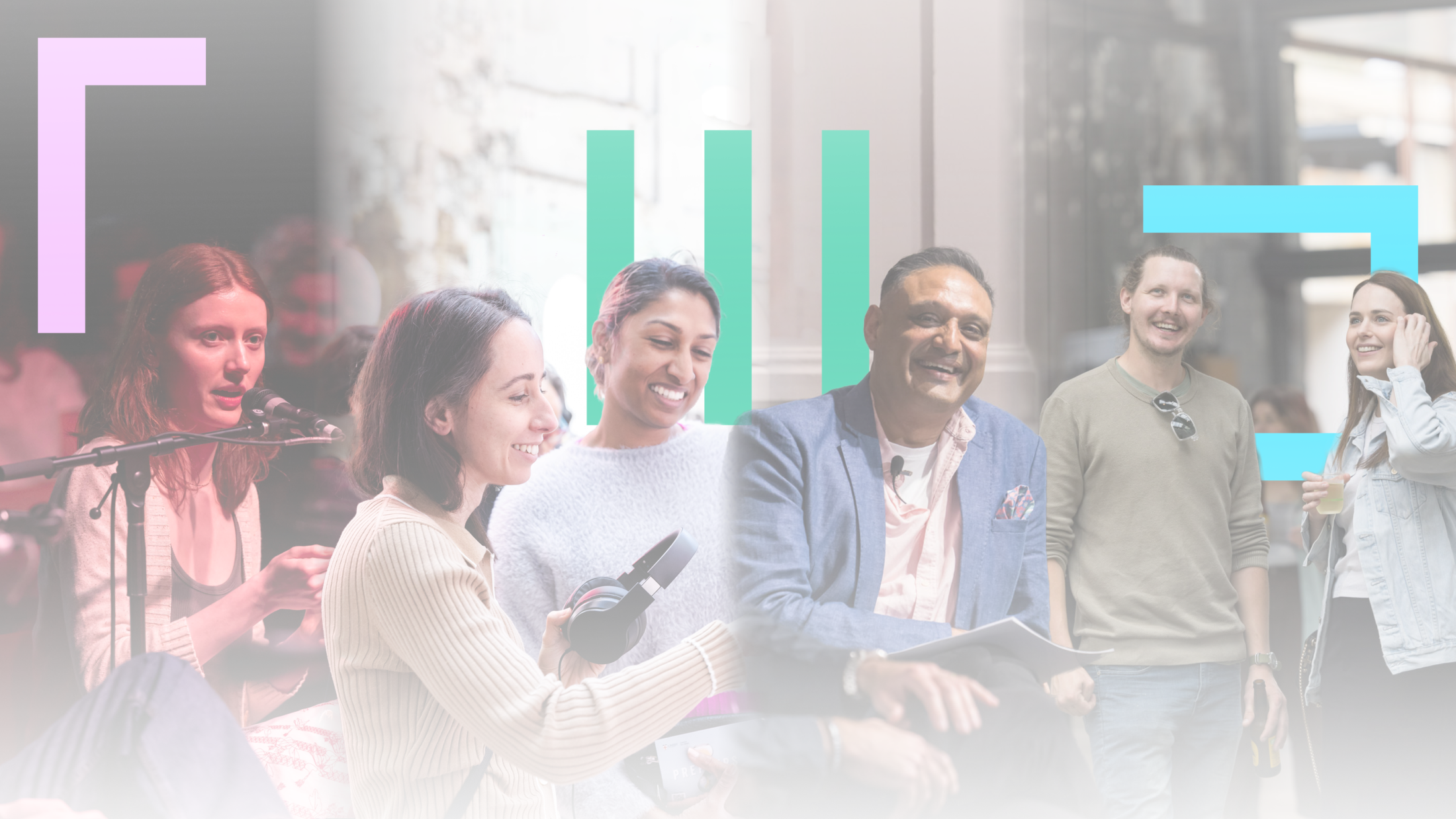 A diverse group of smiling people at a conference, networking, and listening to a presentation. Event with geometric shapes overlayed.
