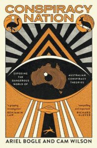 Book cover for Conspiracy Nation featuring a central eye icon enclosing a map of Australia, a UFO beam, and silhouettes.