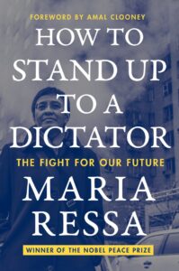 Cover of Maria Ressa book How to Stand Up to a Dictator featuring her portrait against a blue toned urban cityscape background