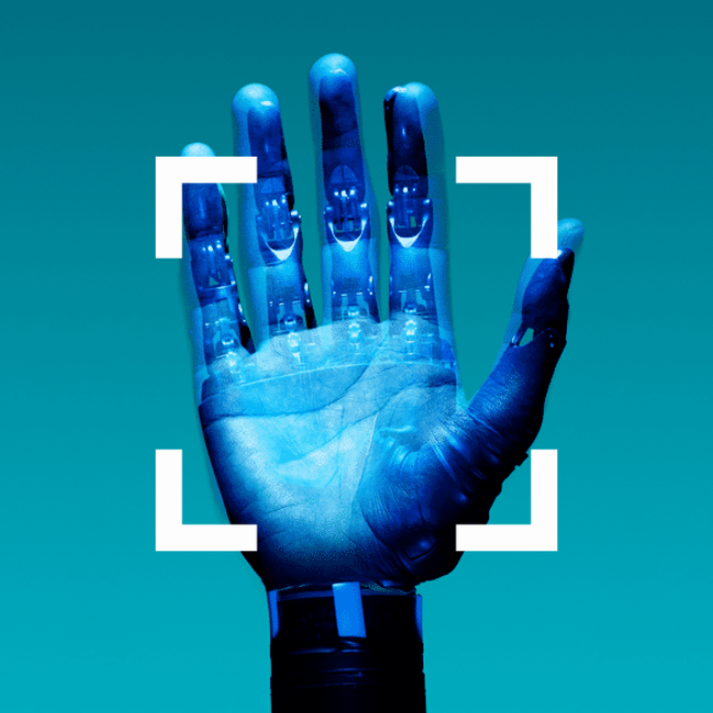 Blue robotic hand with visible mechanical joints and white scanning frame on teal background representing artificial intelligence