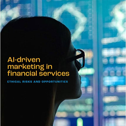 Profile of a woman in glasses facing digital financial data, with text on AI-driven marketing in financial services