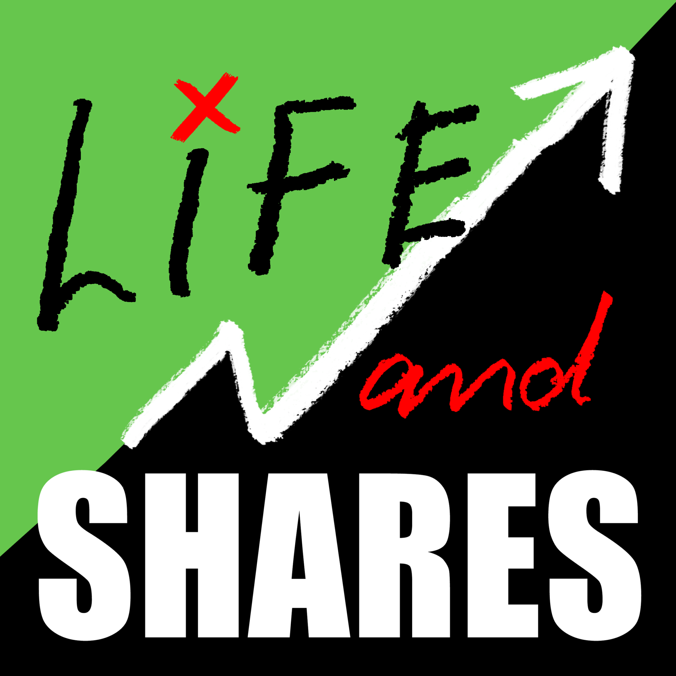 Bold green and black graphic with LIFE and SHARES text, red x over i, and upward arrow symbolizing financial growth