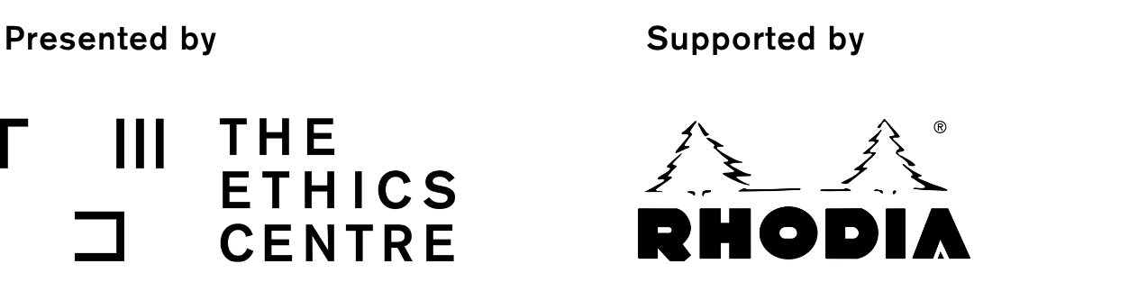 Young Writers' Competition sponsor logos: The Ethics Centre presented by, and Rhodia supported by, in black and white.