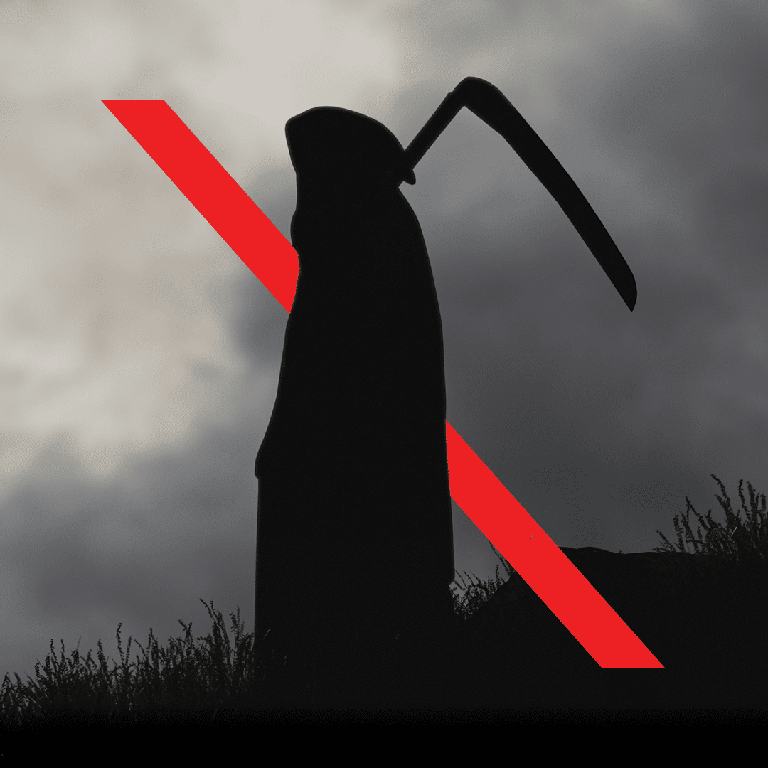 A dark silhouette of the Grim Reaper holding a scythe against a cloudy background with a large red X mark superimposed.