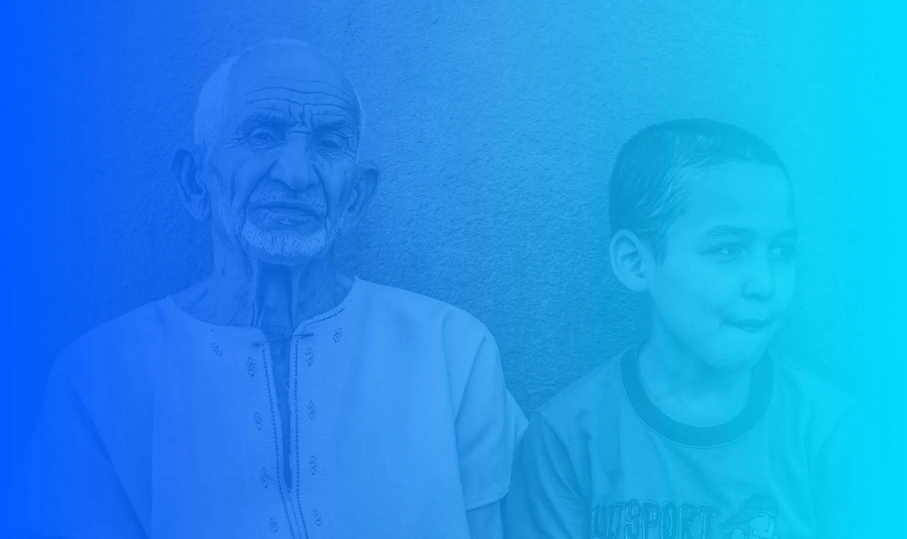 Media: Old man and young boy portrait, blue gradient. Generational connection, family. Contrast of age, youth. Simple background, focus on faces.