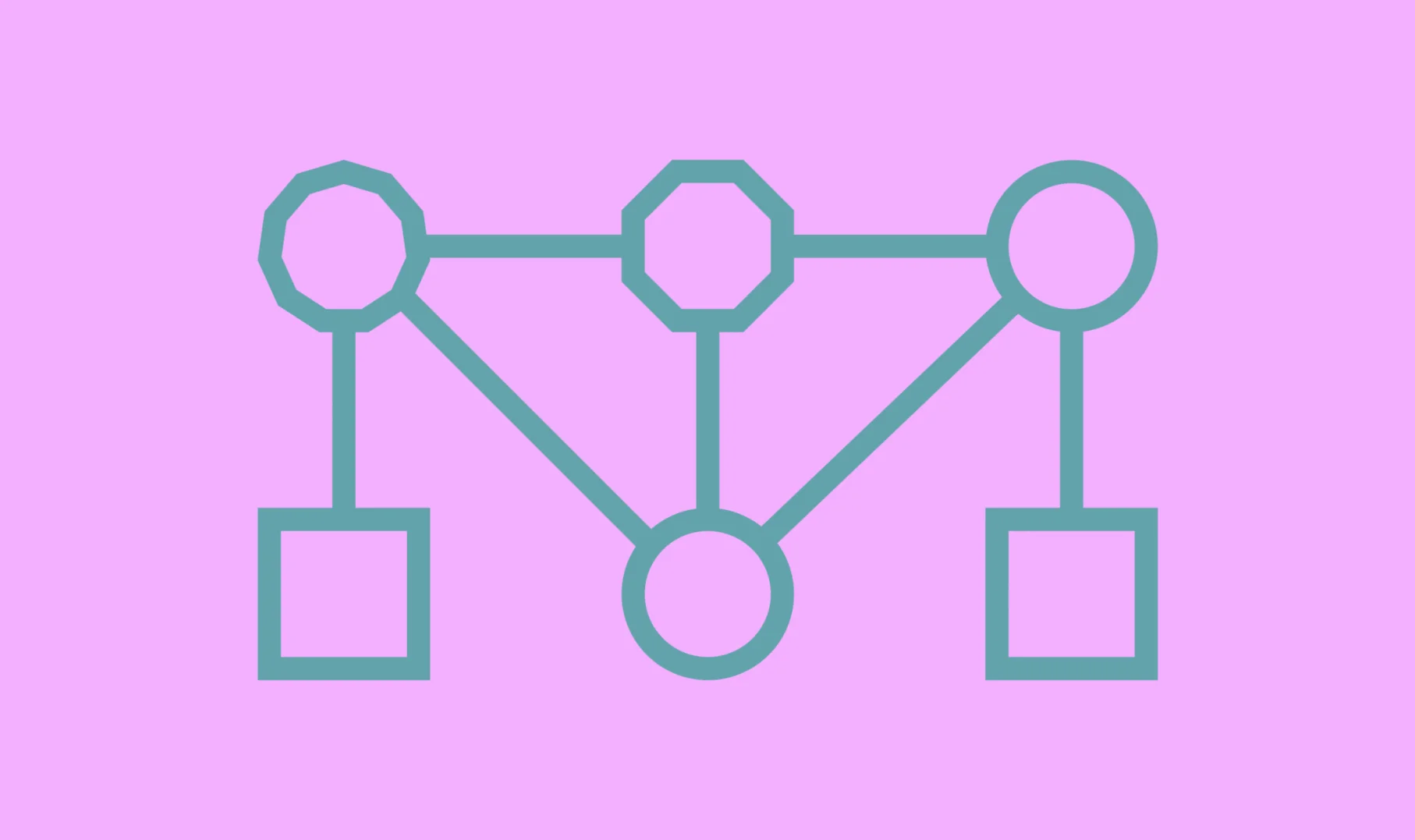 Network diagram with circles, squares, and an octagon connected by lines on a pink background. Graph theory concept.