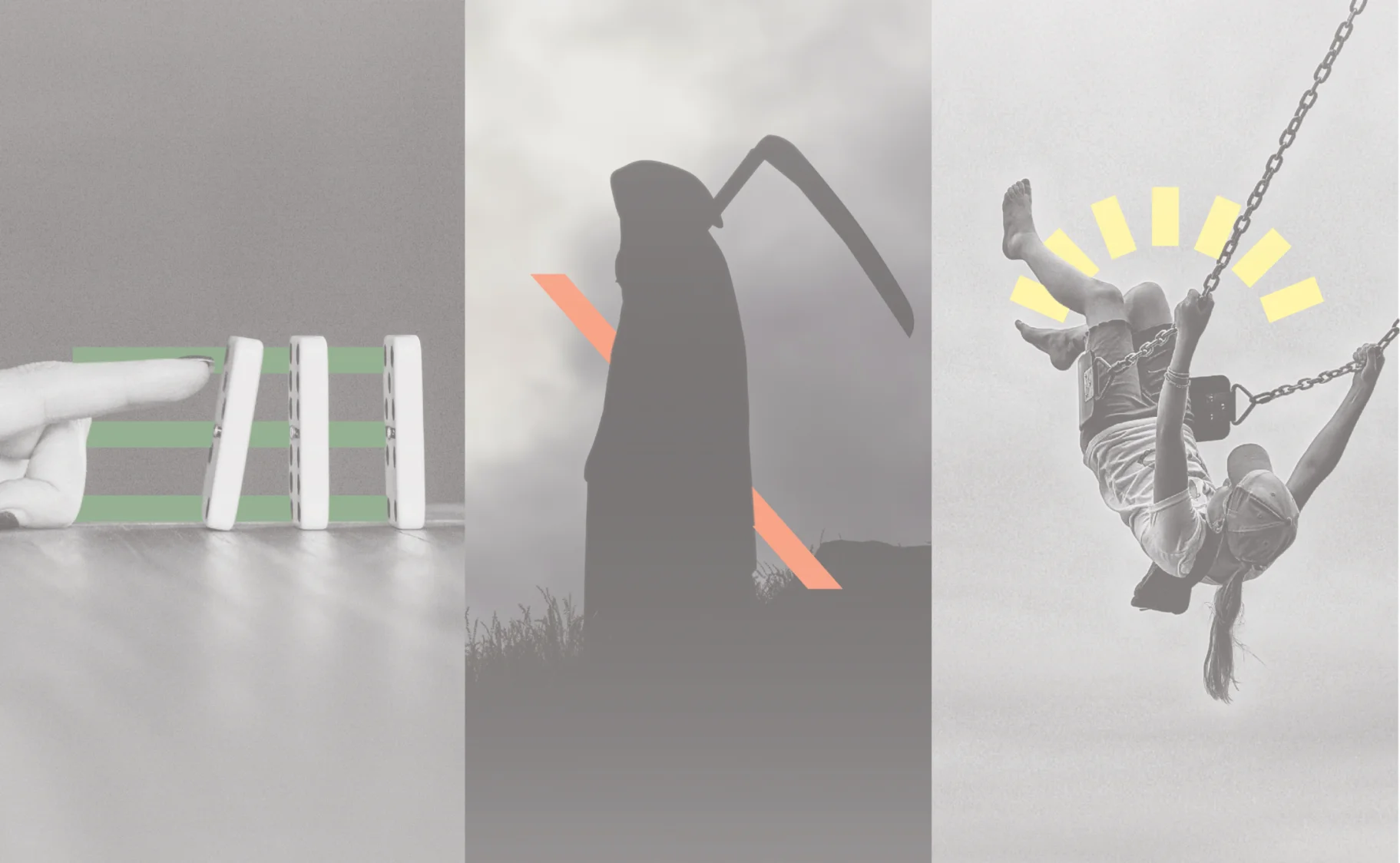 Triptych image of vaping person, fencer with epee, and people embracing, overlaid with geometric shapes in shades of green and pink.
