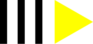 Abstract geometric design featuring black vertical stripes, a gray background, and a prominent yellow triangle pointing right.