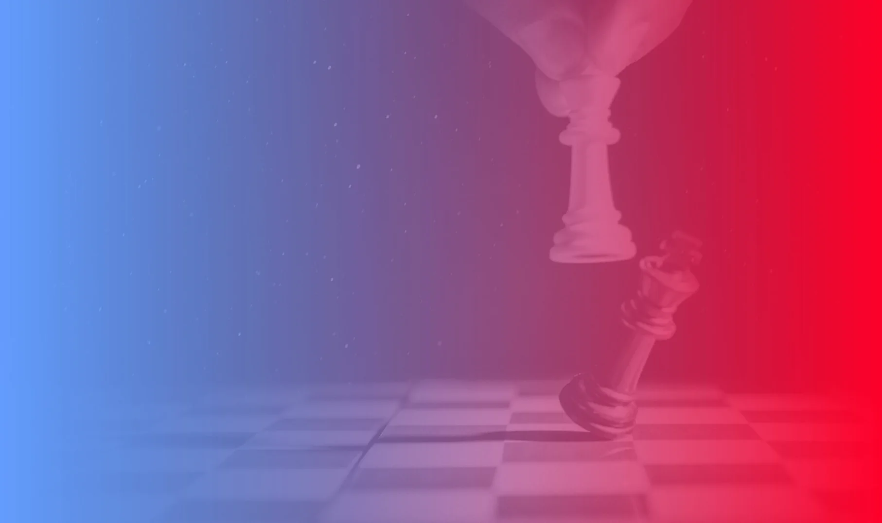 Checkmate chess concept. Hand moving white chess piece to defeat black king on chessboard with blue and red background. Strategy game.